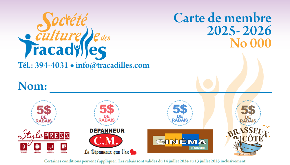 Devenir membre de la Société culturelle des Tracadilles, c’est bien plus qu’une simple adhésion — c’est une façon concrète de soutenir la culture, les arts et la communauté d’ici.